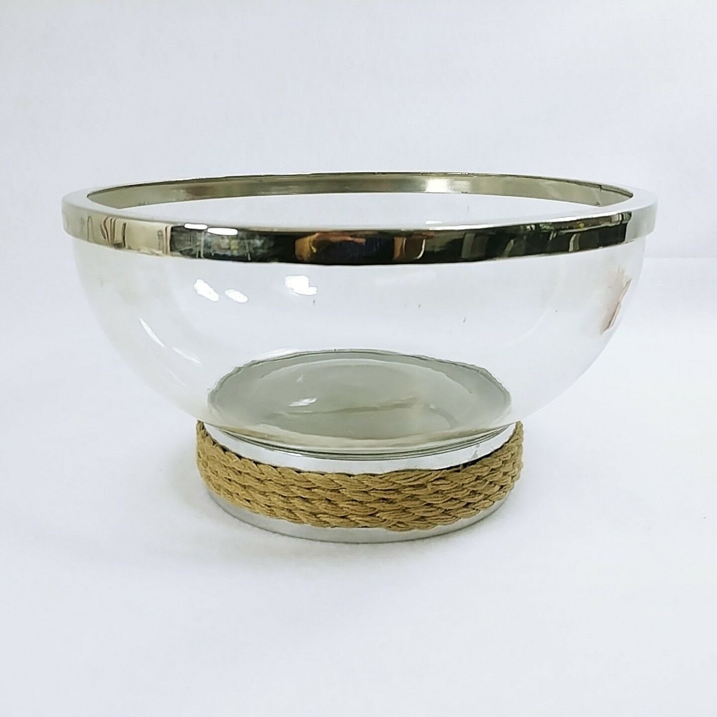 Glass Fruit Salad Serving Bowl Chrome Trim Rope Accent