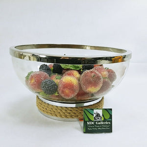 Glass Fruit Salad Serving Bowl Chrome Trim Rope Accent