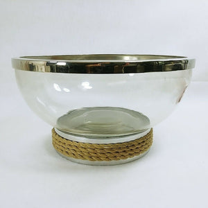 Glass Fruit Salad Serving Bowl Chrome Trim Rope Accent