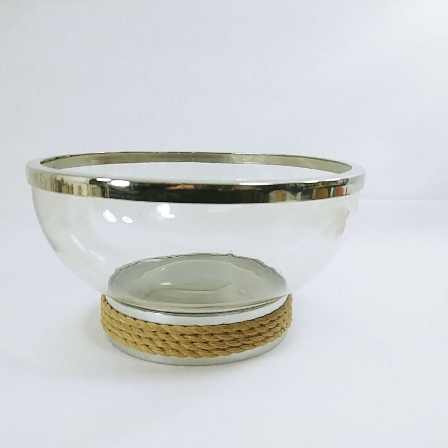 Glass Fruit Salad Serving Bowl Chrome Trim Rope Accent