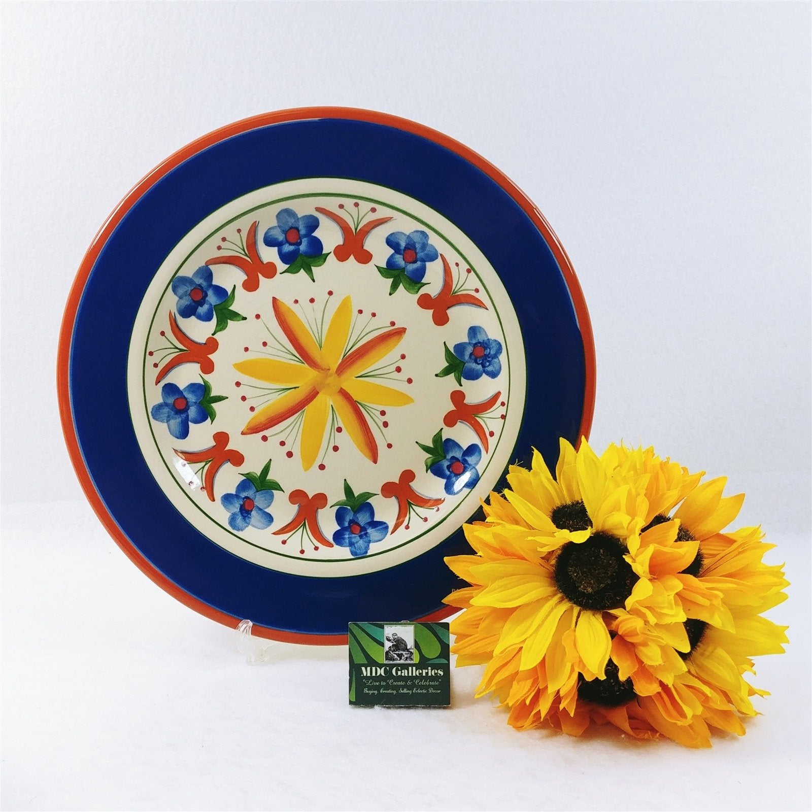 Giftcraft Mexican Sunrise Platter 11 1/2" Blue Band Flowers 2003