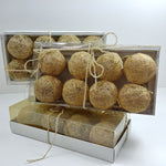 Load image into Gallery viewer, Decorative Gold Spun Grass Raffia Balls w/ Hanger Boxed Set of 8 pcs. NIB
