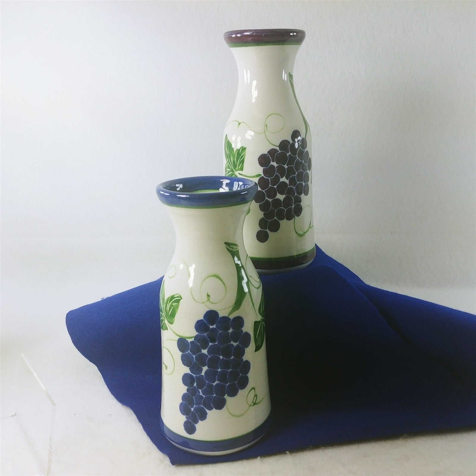Wine Carafe Vase Set 2 Grapes on Vine Design Artisan Signed Pottery Stoneware 9"