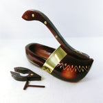 Load image into Gallery viewer, Wine Bottle Holder Hand Carved Wooden Shoe Rivet Accents
