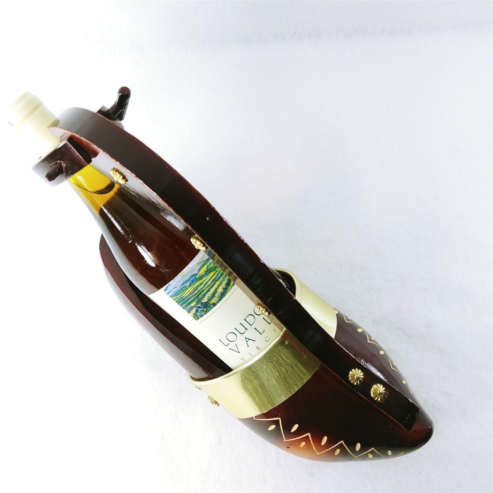 Wine Bottle Holder Hand Carved Wooden Shoe Rivet Accents