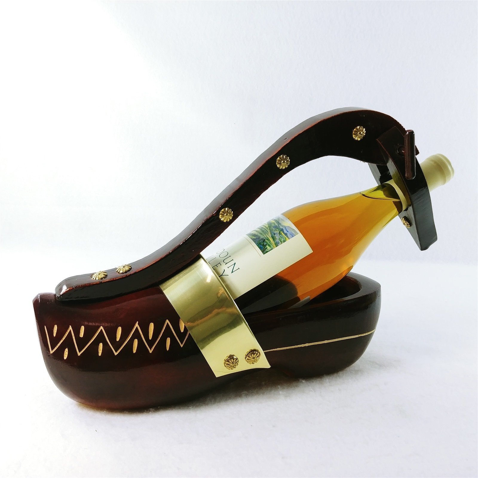 Wine Bottle Holder Hand Carved Wooden Shoe Rivet Accents