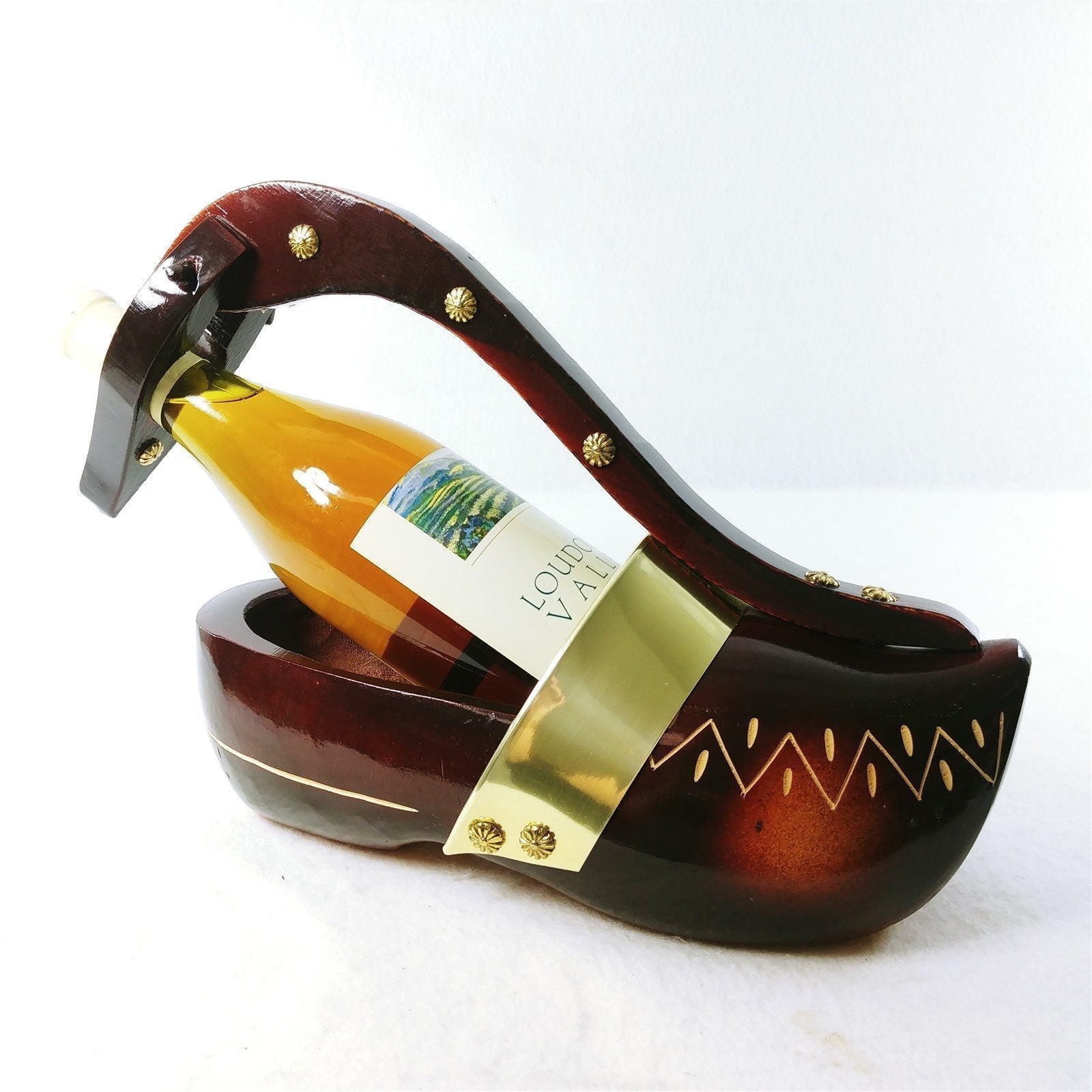 Wine Bottle Holder Hand Carved Wooden Shoe Rivet Accents