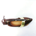 Load image into Gallery viewer, Wine Bottle Holder Hand Carved Wooden Shoe Rivet Accents
