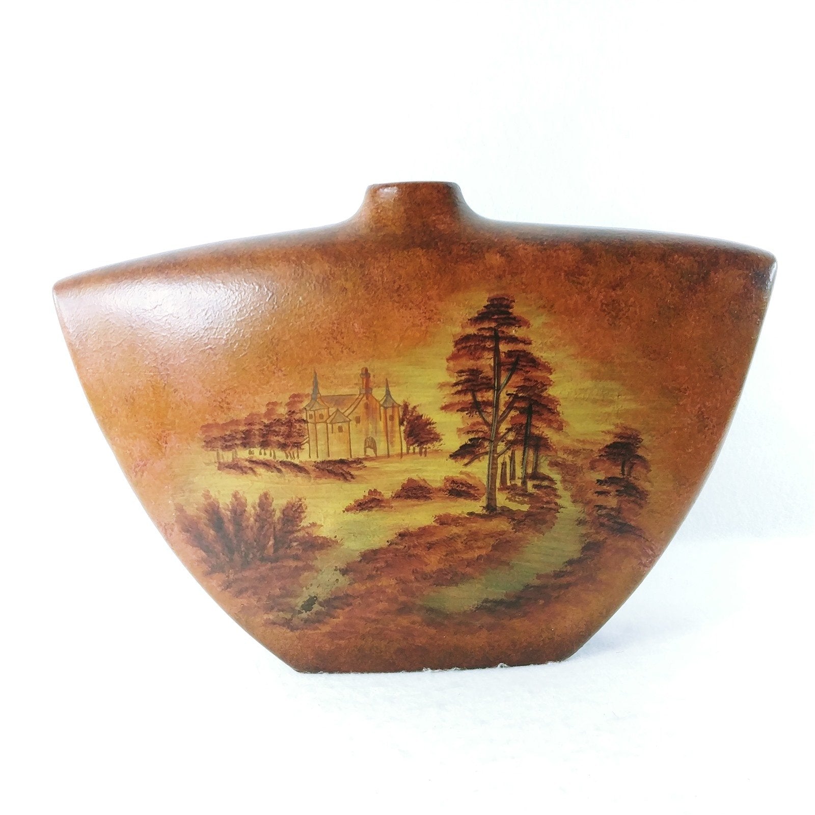 Vase Ceramic Hand Painted Outdoor Scene Brown