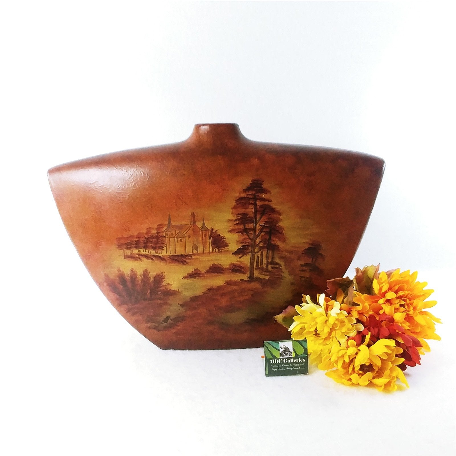 Vase Ceramic Hand Painted Outdoor Scene Brown