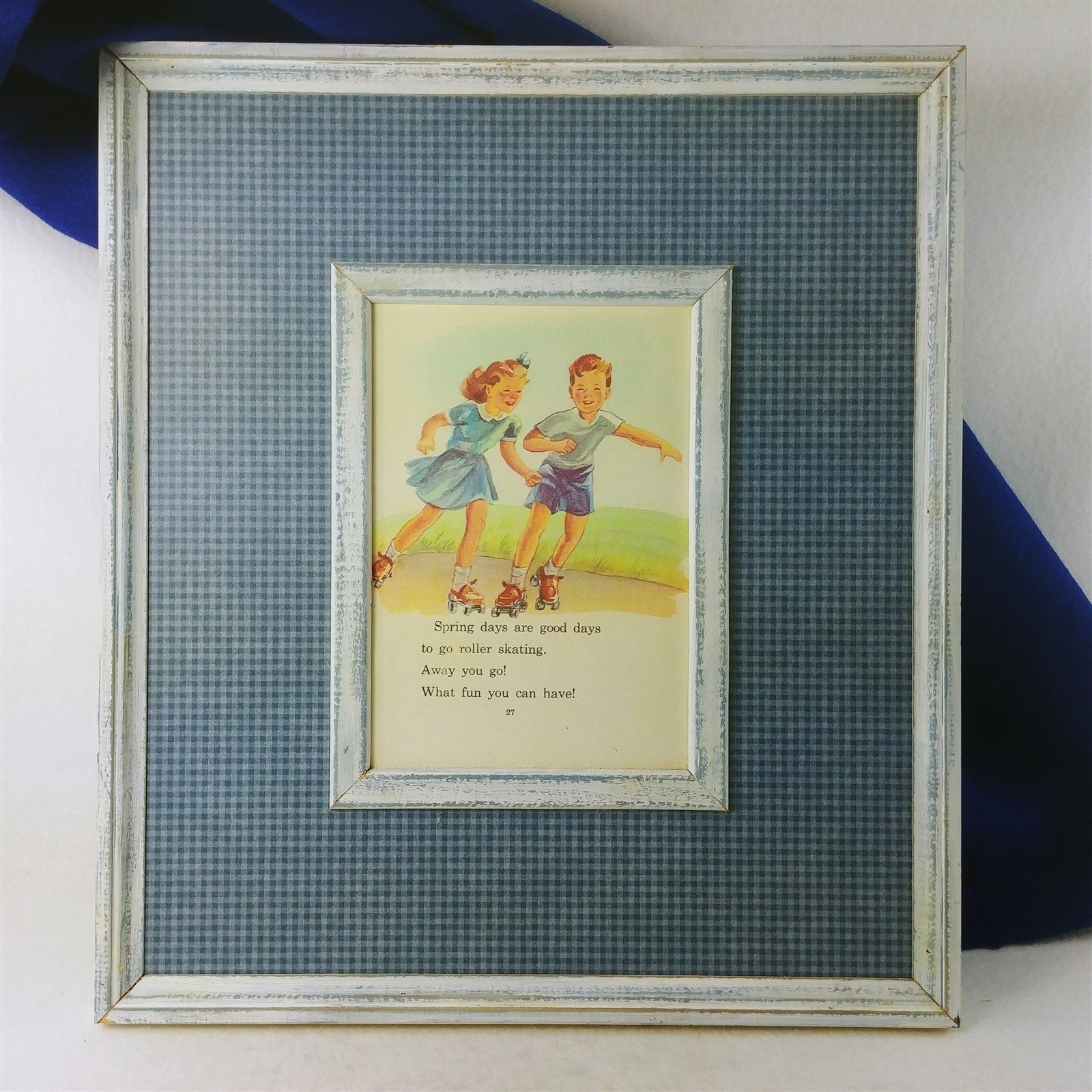 Wall Art Decoupage on Wood Frame Children Roller Skating 15x17 Ready To Hang
