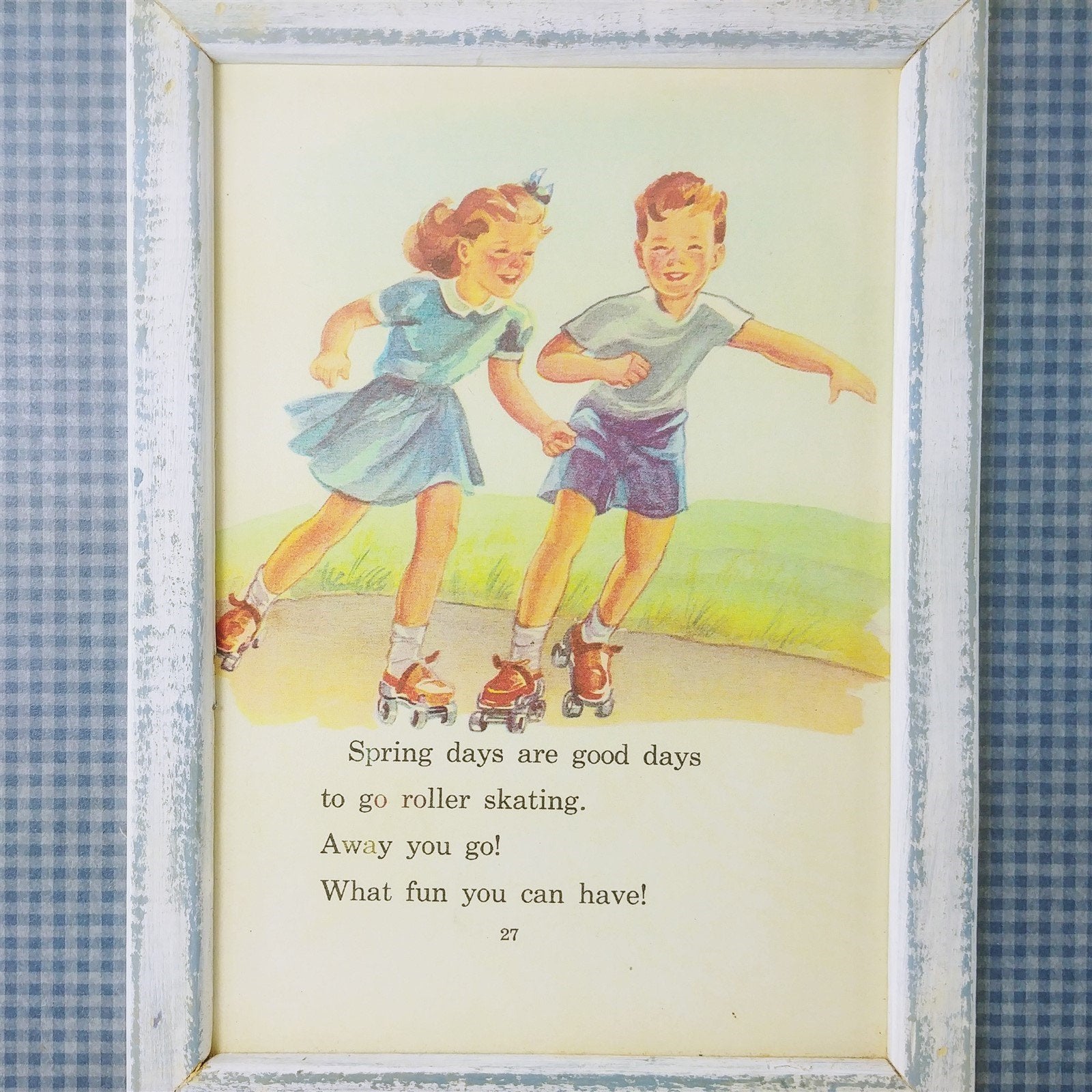 Wall Art Decoupage on Wood Frame Children Roller Skating 15x17 Ready To Hang