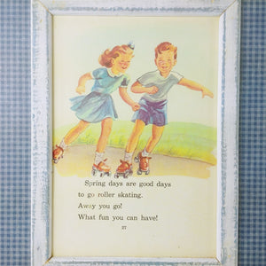 Wall Art Decoupage on Wood Frame Children Roller Skating 15x17 Ready To Hang