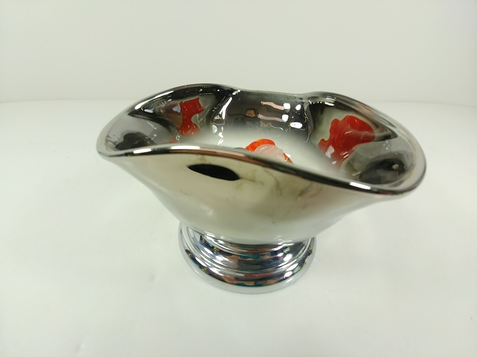 Vintage Folded Edge Silver Translucent Bowl Metal Toned Base