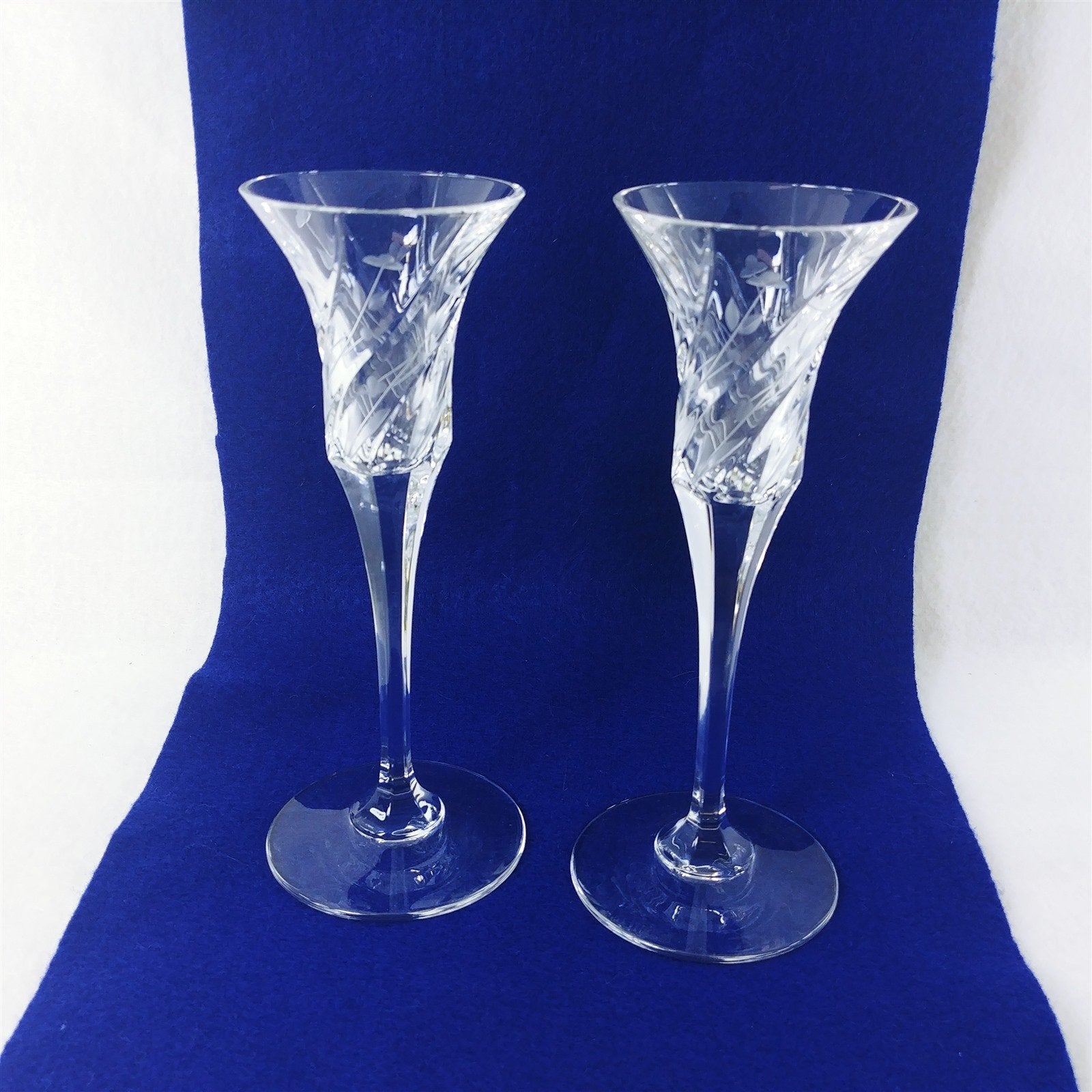 2 Vintage Clear Crystal Floral Etched Cordial Wine Glasses