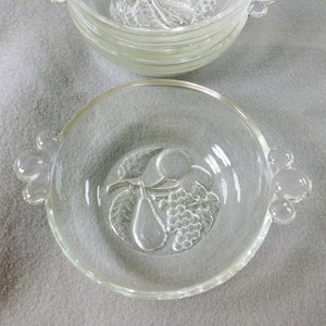 Dessert Bowls Glass Fruit Design on Bottom Bubble Handles Set of 4
