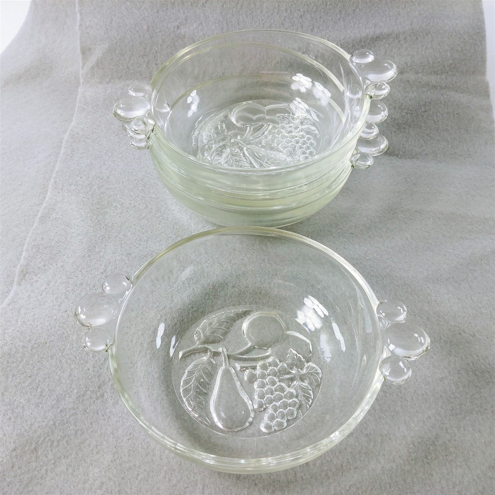 Dessert Bowls Glass Fruit Design on Bottom Bubble Handles Set of 4