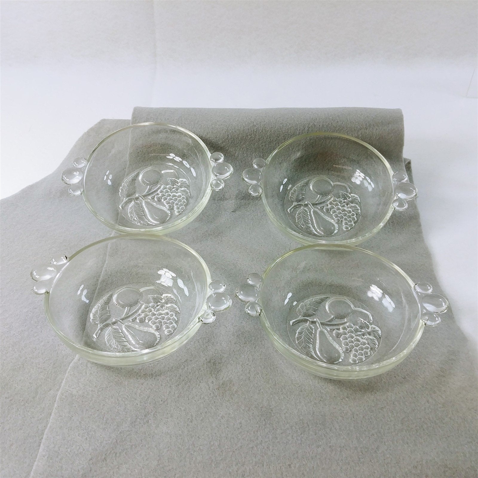 Dessert Bowls Glass Fruit Design on Bottom Bubble Handles Set of 4