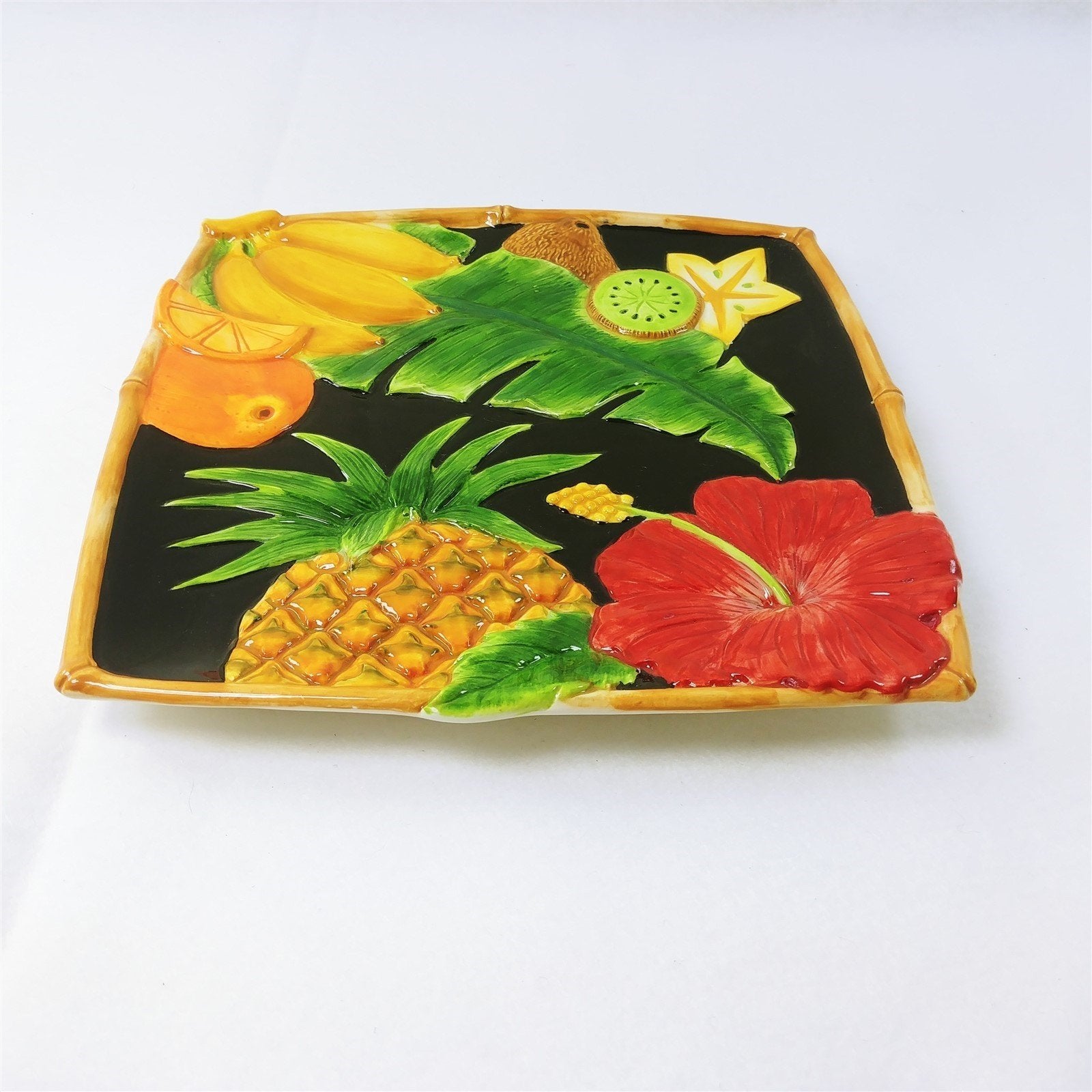 Square Plate Sculptured Tropical Design Bamboo Edge Ceramic 10"