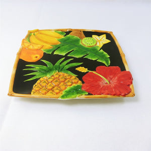 Square Plate Sculptured Tropical Design Bamboo Edge Ceramic 10"