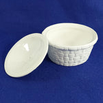 Load image into Gallery viewer, Bowl Lidded White Basket Weave Sugar Condiment Trinket Vintage 3.75&quot; H
