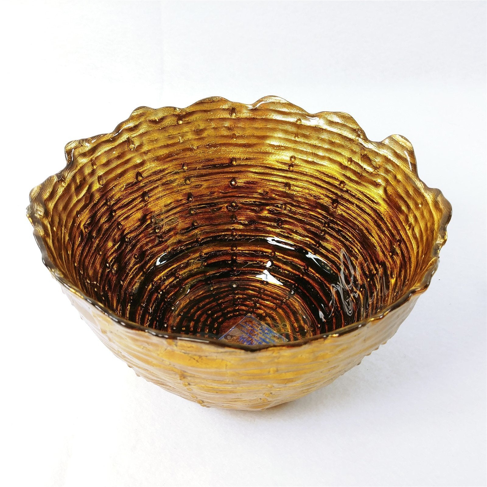 Glass Bowl Scalloped Rim Hand Painted Gold Basketweave Design Made in Turkey