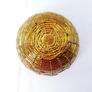 Glass Bowl Scalloped Rim Hand Painted Gold Basketweave Design Made in Turkey