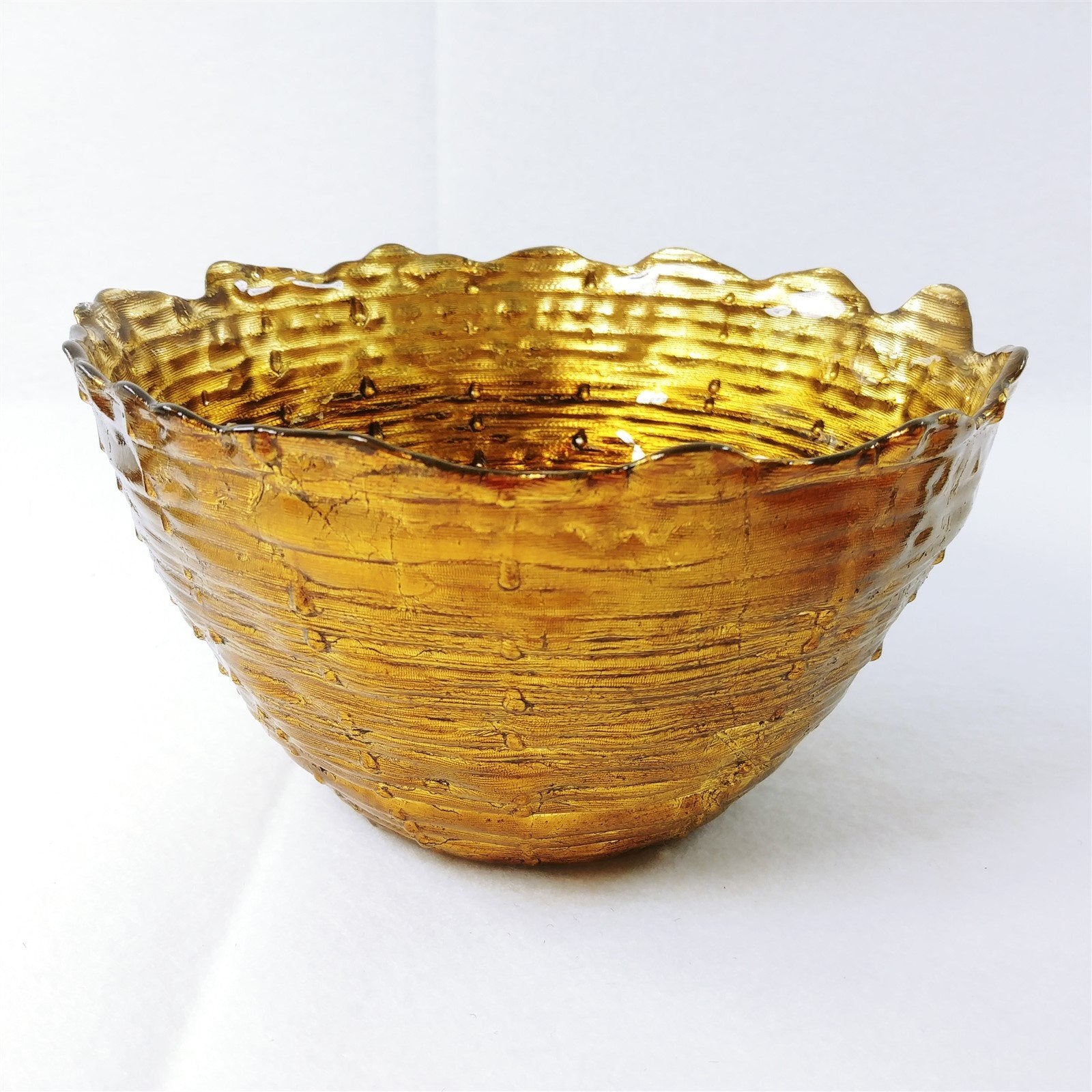 Glass Bowl Scalloped Rim Hand Painted Gold Basketweave Design Made in Turkey