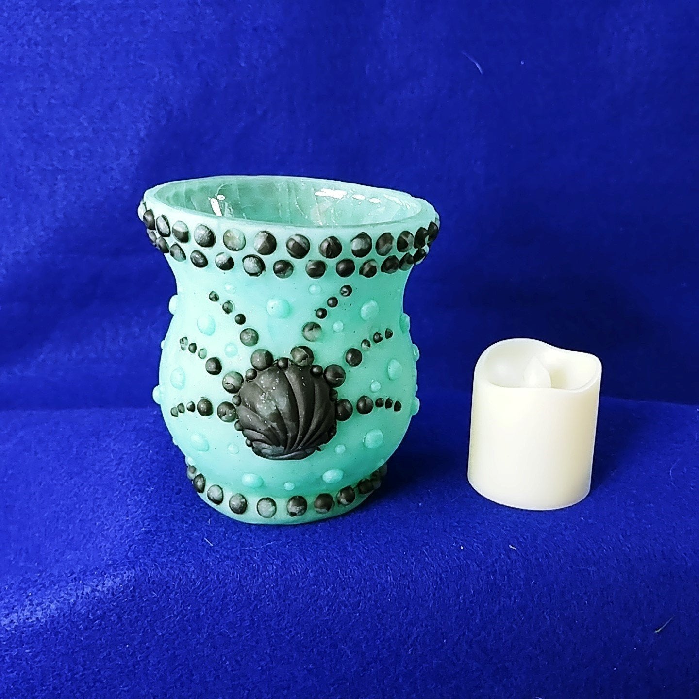 Candle Holder Glass Votive Sea Foam Green with Black Details 3.75in Tall