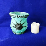 Load image into Gallery viewer, Candle Holder Glass Votive Sea Foam Green with Black Details 3.75in Tall
