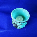 Load image into Gallery viewer, Candle Holder Glass Votive Sea Foam Green with Black Details 3.75in Tall

