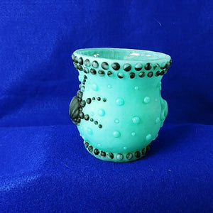 Candle Holder Glass Votive Sea Foam Green with Black Details 3.75in Tall