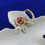 Load image into Gallery viewer, Trinket Dish Porcelain White Leaf Shape with Gold Trim Rose Accent 5&quot;
