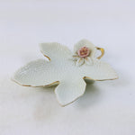 Load image into Gallery viewer, Trinket Dish Porcelain White Leaf Shape with Gold Trim Rose Accent 5&quot;
