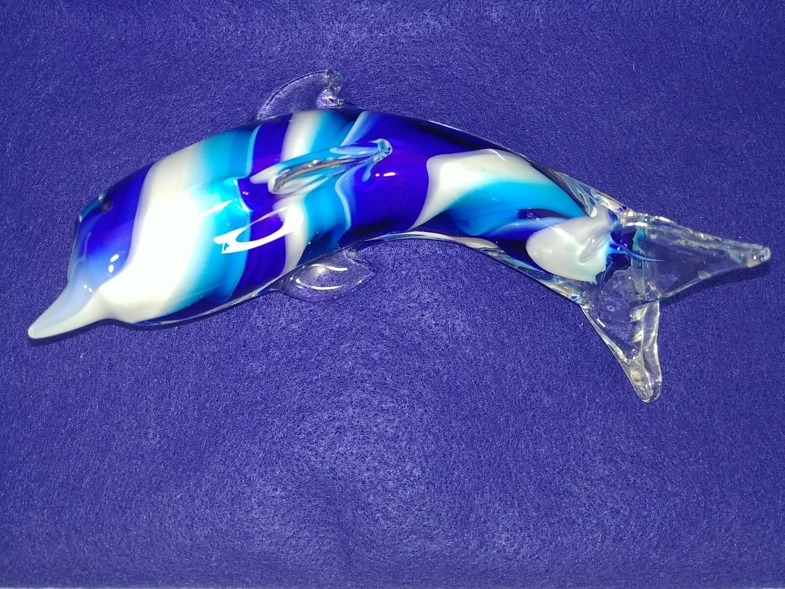 Art Glass Dolphin Paperweight Blue White Hand Made 6"