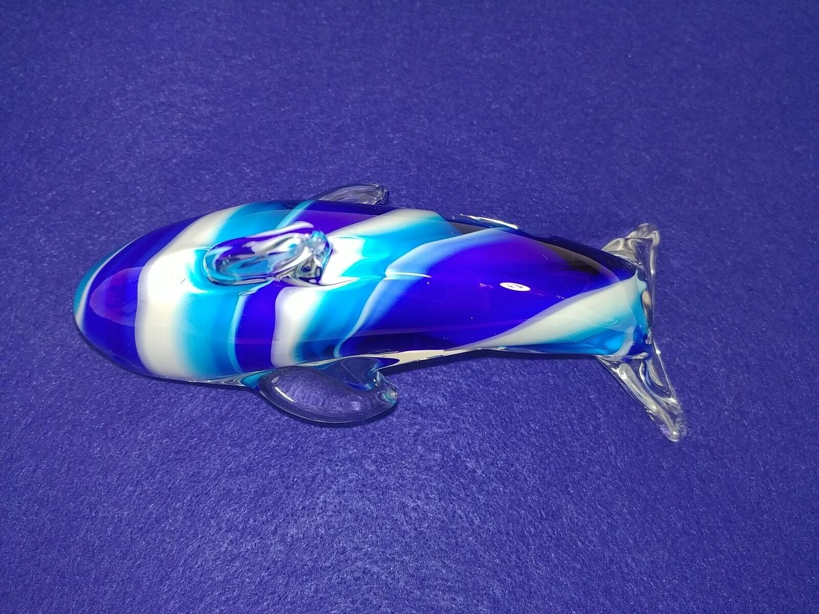 Art Glass Dolphin Paperweight Blue White Hand Made 6"