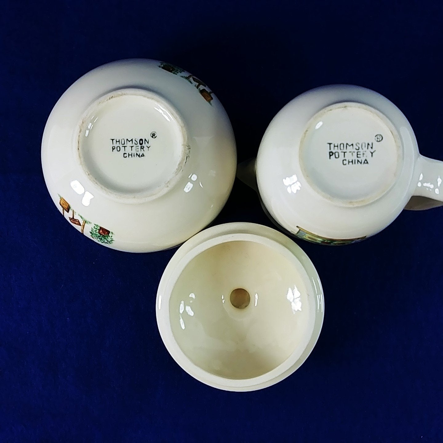 Sugar Bowl with Lid and Creamer Thomson Pottery Birdhouse