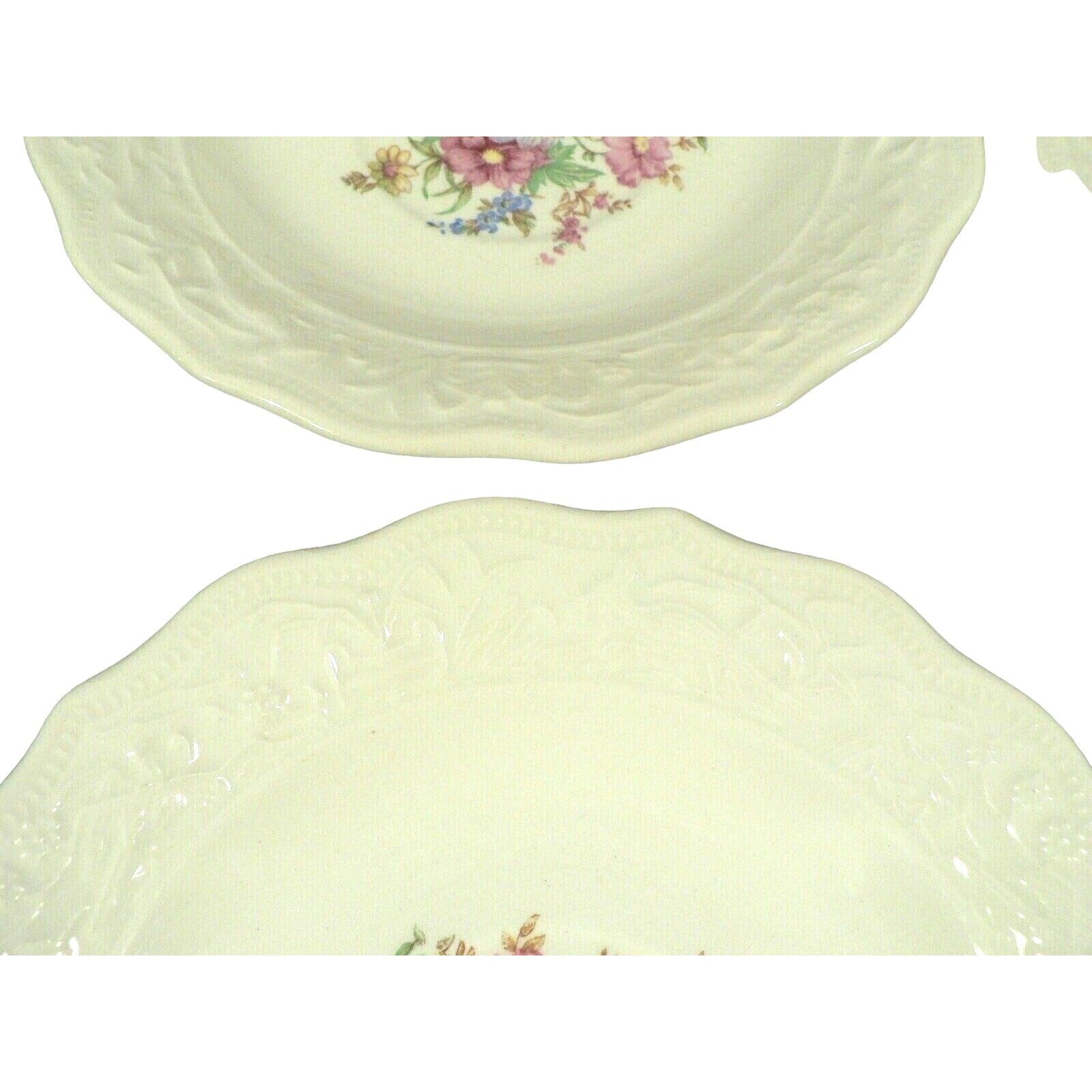 Tea Cup Saucers Scalloped Embossed Rim Floral Pattern in Center Set of 8