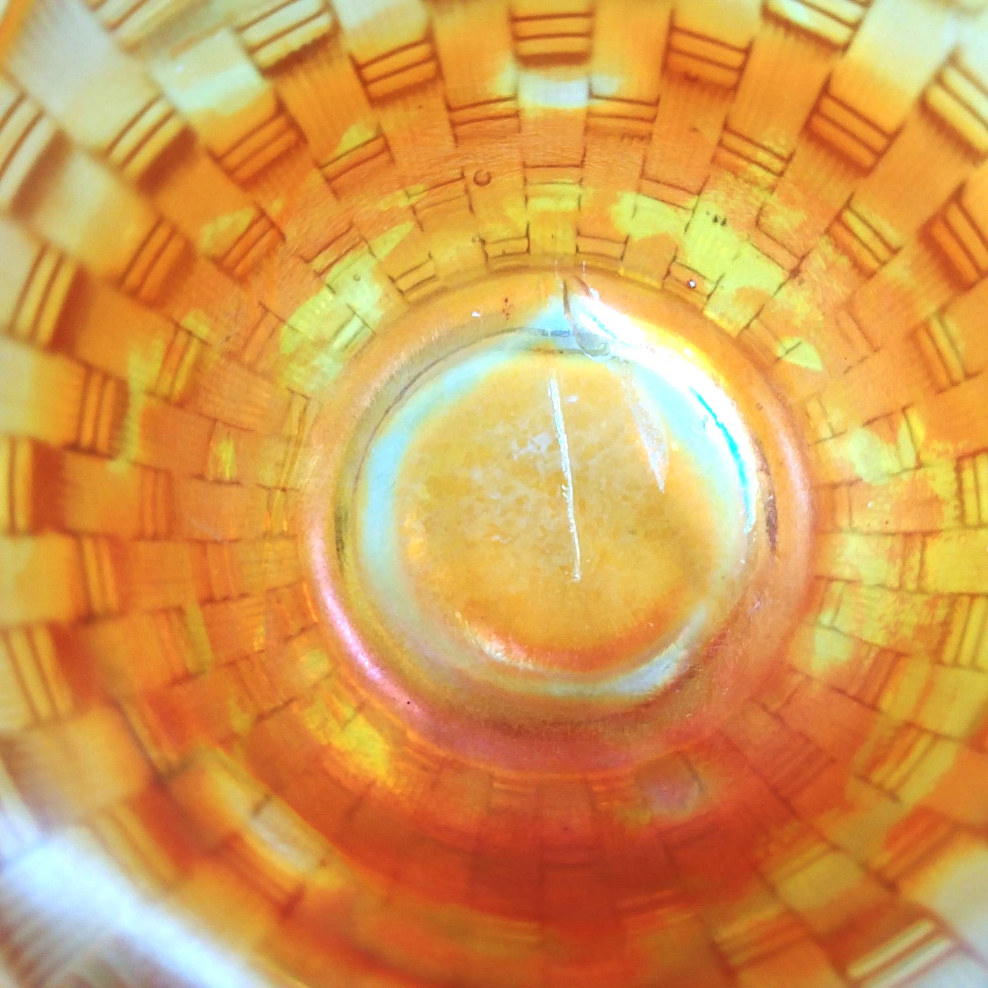 Carnival Glass Marigold Basket Weave Dish Ruffled Open Lattice Edge