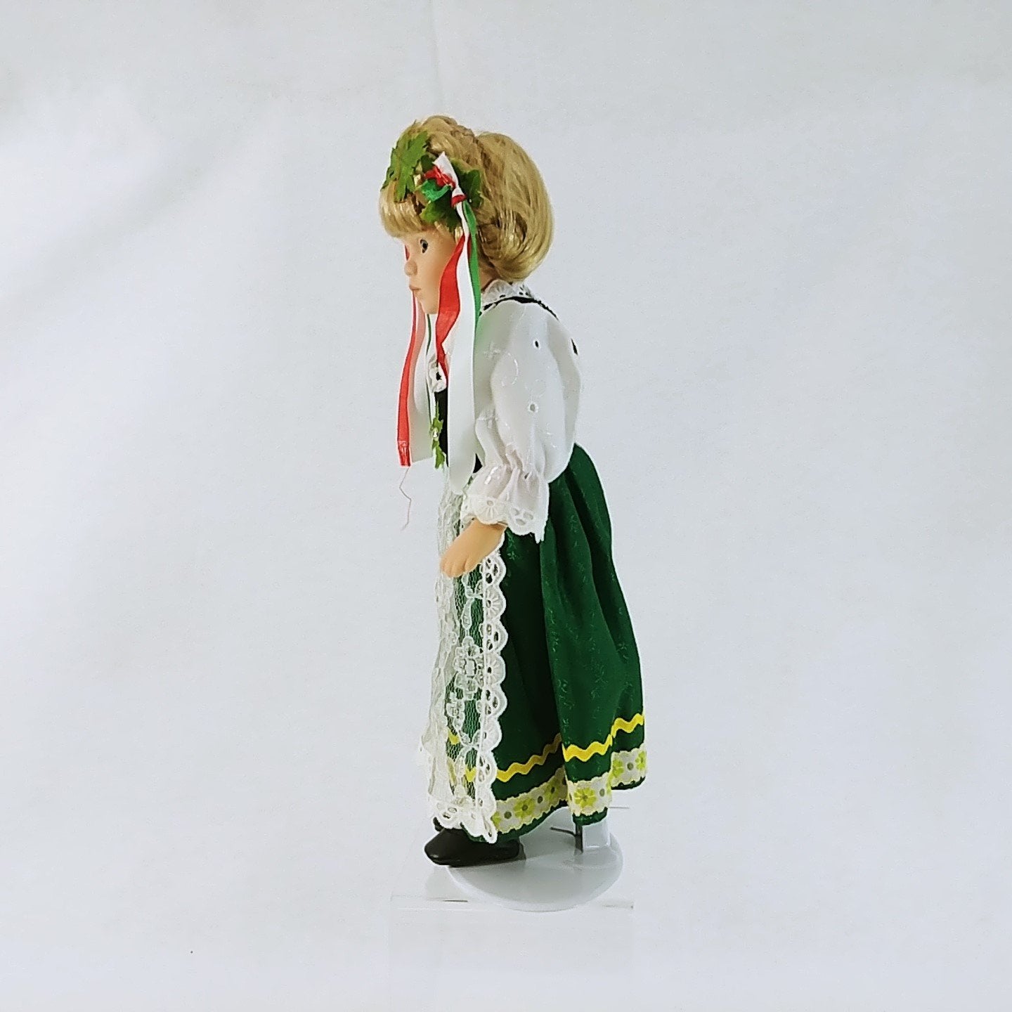 Doll Female Handmade Swedish Dutch Attire on Metal Stand 13"