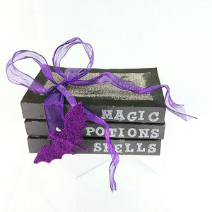Halloween Decorative Tied Book Stack Magic Potions Spells Purple Bat and Ribbon
