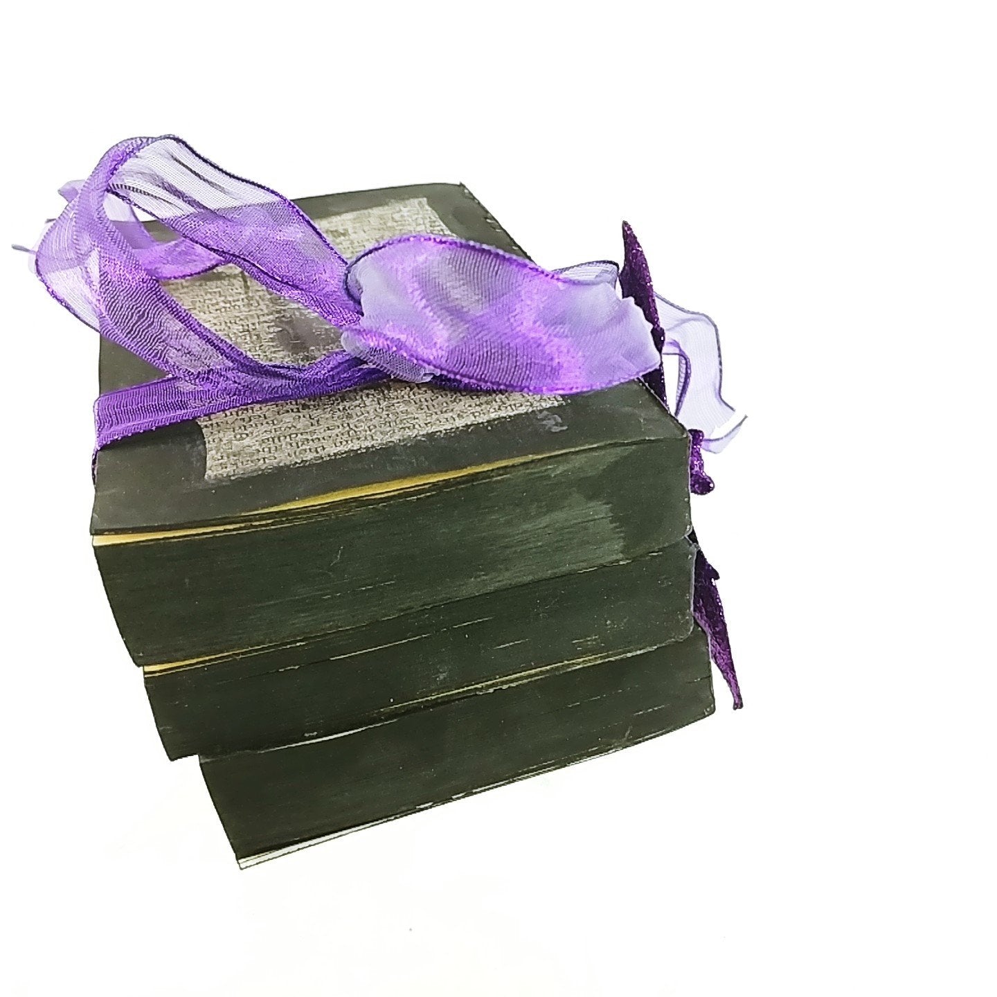 Halloween Decorative Tied Book Stack Magic Potions Spells Purple Bat and Ribbon