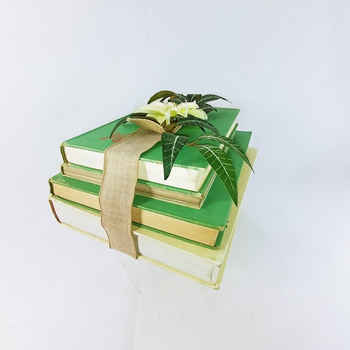 Book Stack Hardcover Ribbon Wrapped Floral Topped Reclaimed Books Set of 4