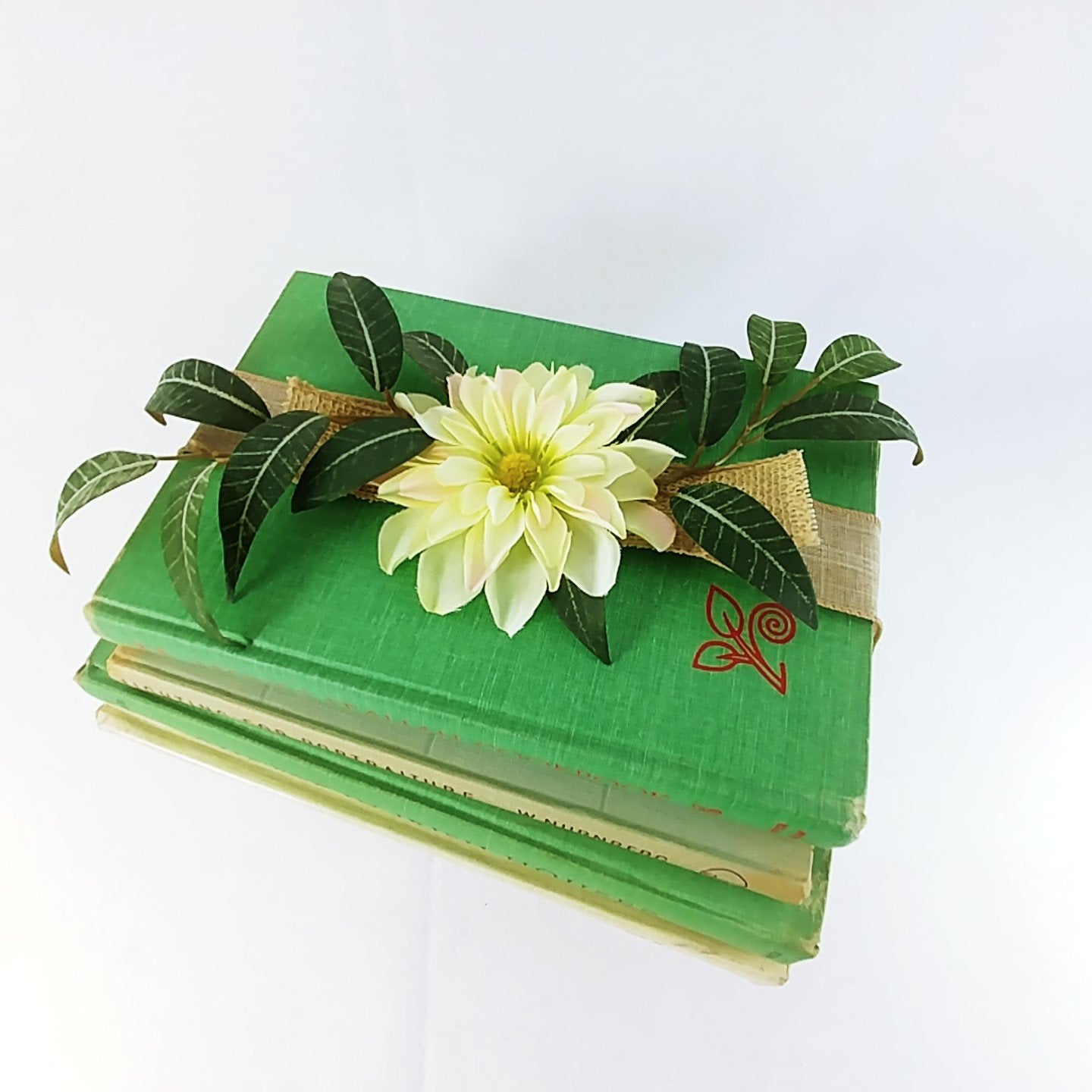 Book Stack Hardcover Ribbon Wrapped Floral Topped Reclaimed Books Set of 4