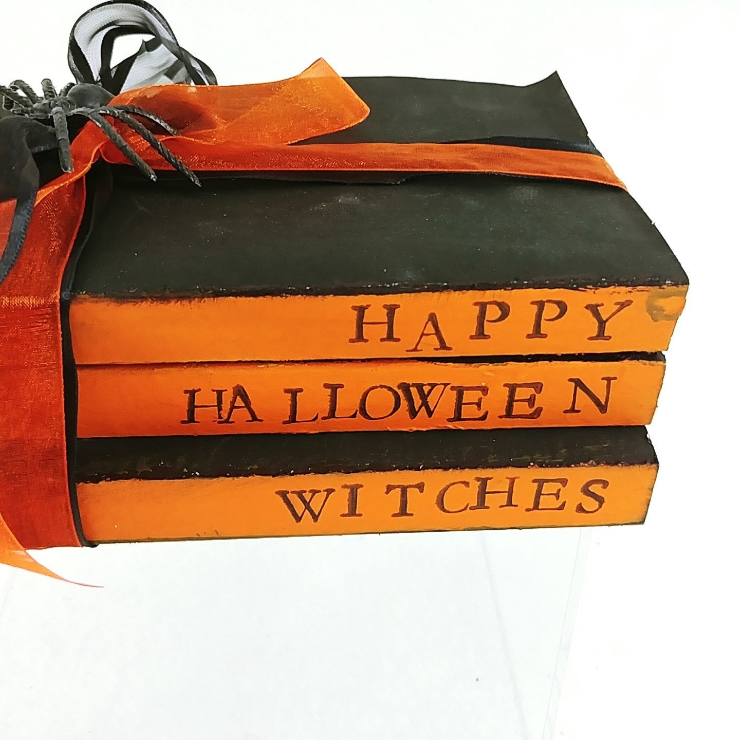 Halloween Decorative Tied Book Stack Happy Halloween Witches Spider Ribbon