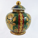 Load image into Gallery viewer, Asian Urn with Lid Oriental Accent Ceramic Hunter Green Burgundy Original Decal
