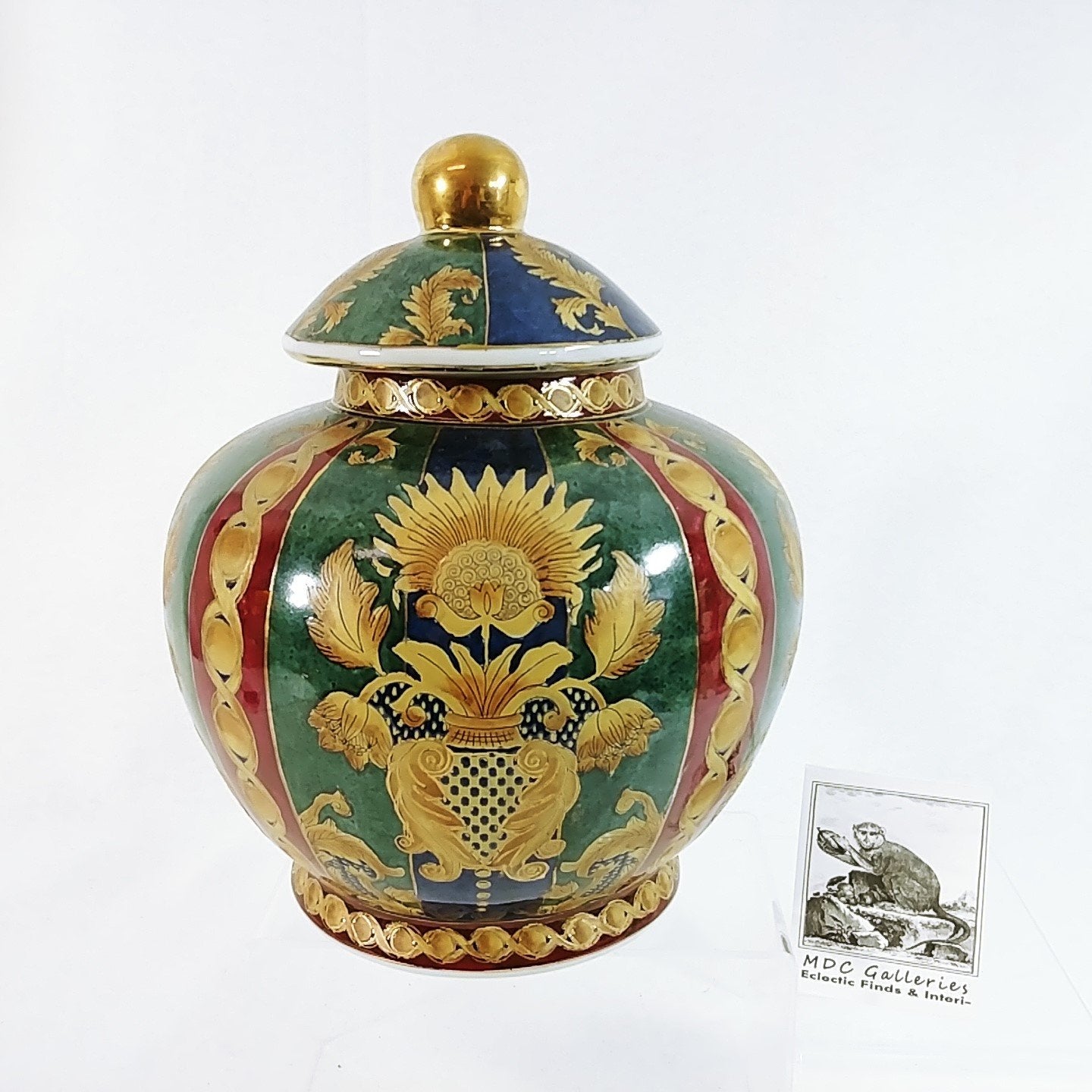 Asian Urn with Lid Oriental Accent Ceramic Hunter Green Burgundy Original Decal
