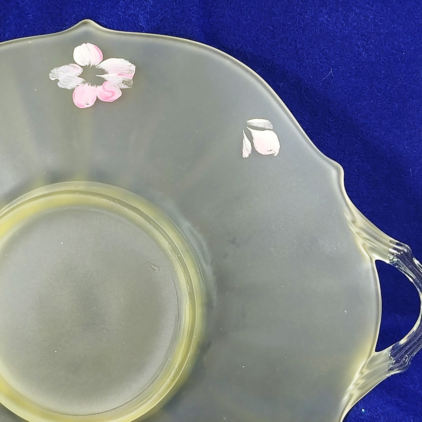 Plate Hand Painted Florals on Underside Frosted Matte Finish Dbl Handles Vintage