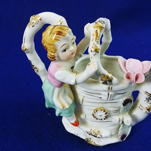 Pitcher Watering Can Mini Gold Accents Girl Butterfly Adornments Bone China