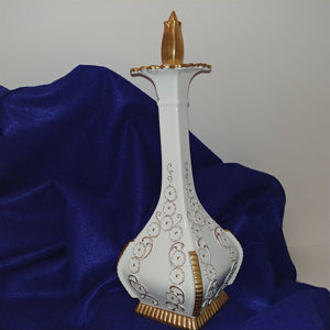 Porcelain Decanter Genie Style w/ Stopper Embossed 3-D Relief Design Gold Trim